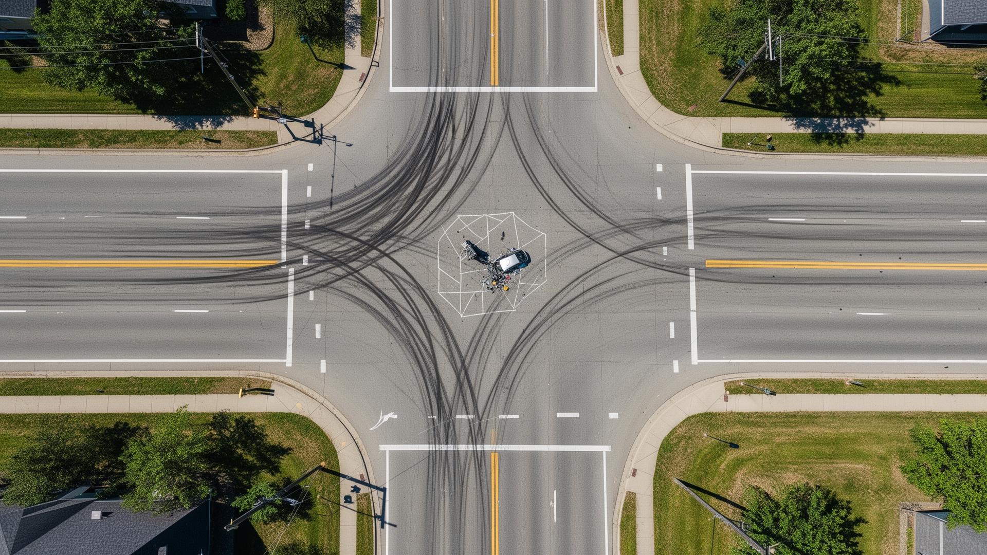 Top-down aerial of an intersection with skid marks